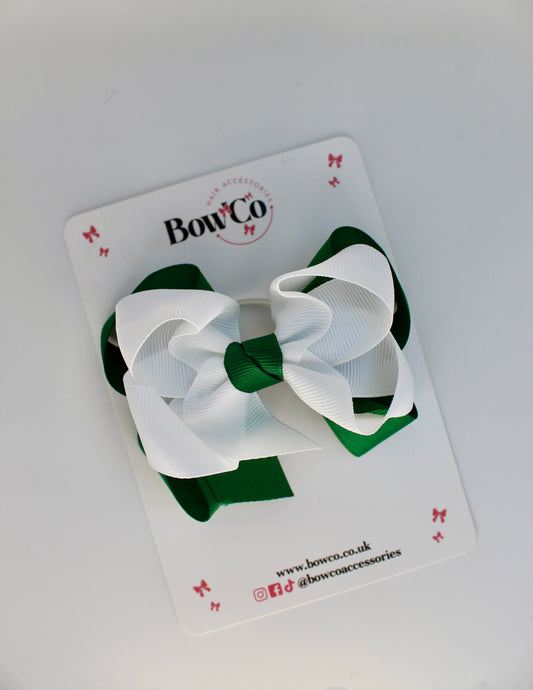 School Green and White Bow - Double Loop Bow - Elastic