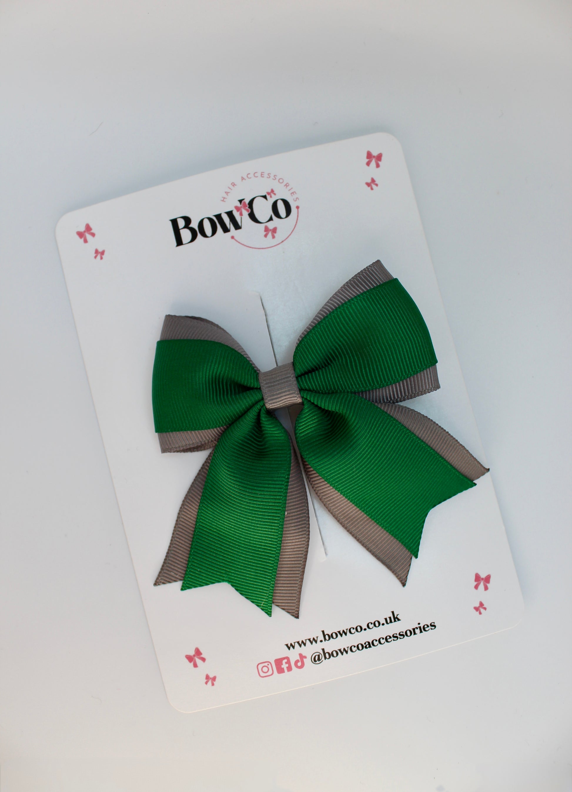 School Bow Green and Grey - Tail Bow Clip