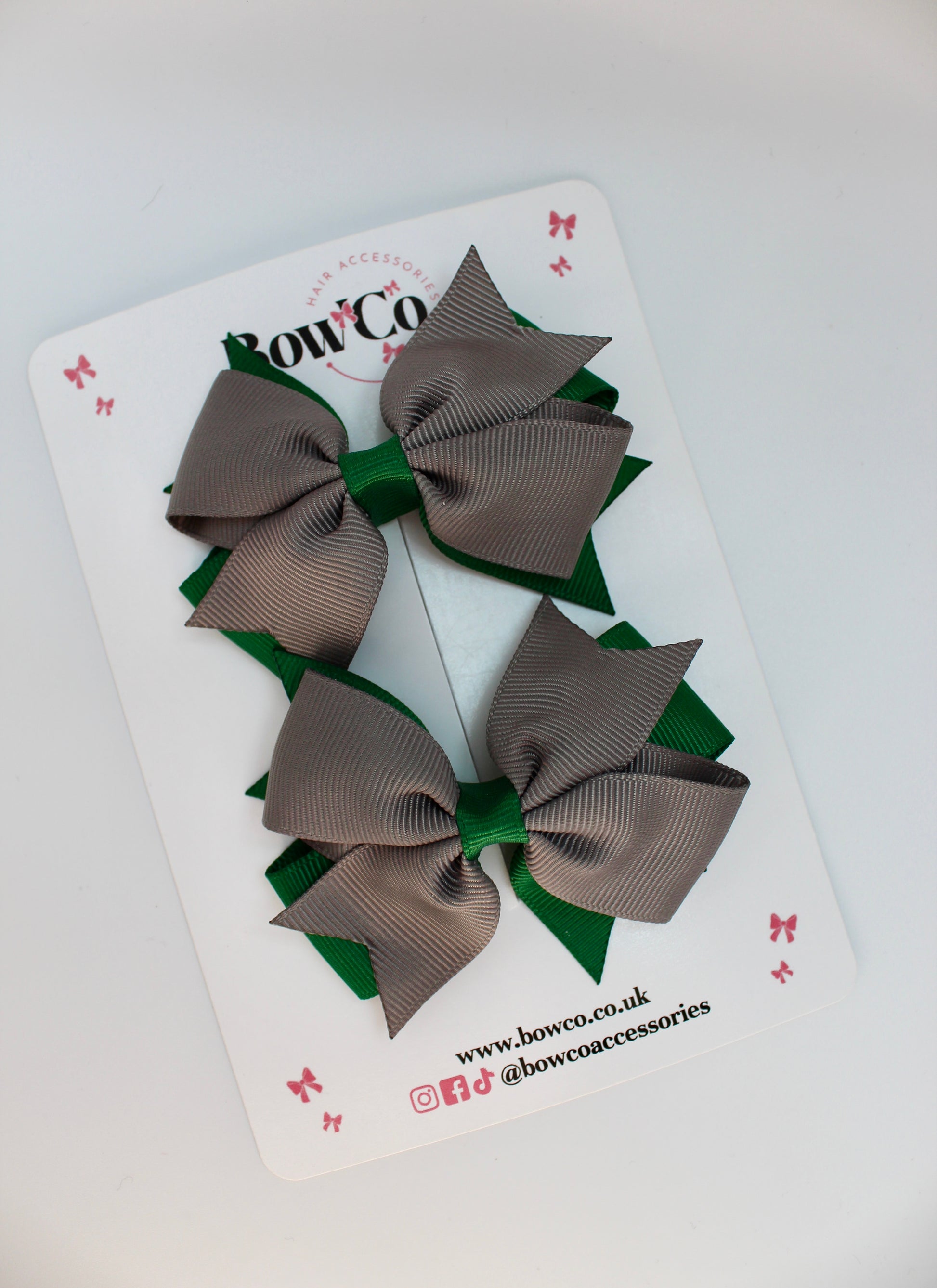 School Bow Green and Grey - Layer Tail Bow Set - Clip