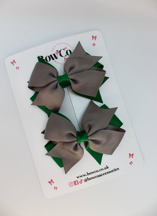 School Bow Green and Grey - Layer Tail Bow Set - Clip