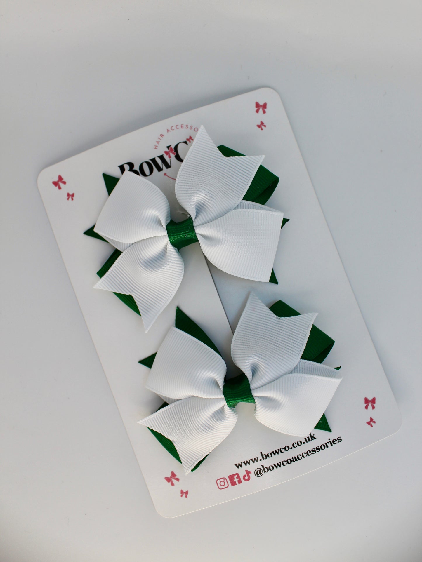 School Bow Green and White - Layer Tail Bow Set - Clip