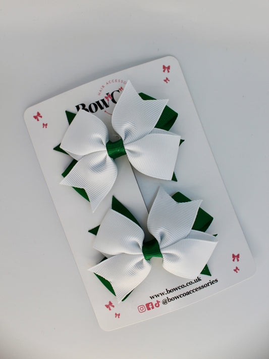 School Bow Green and White - Layer Tail Bow Set - Clip