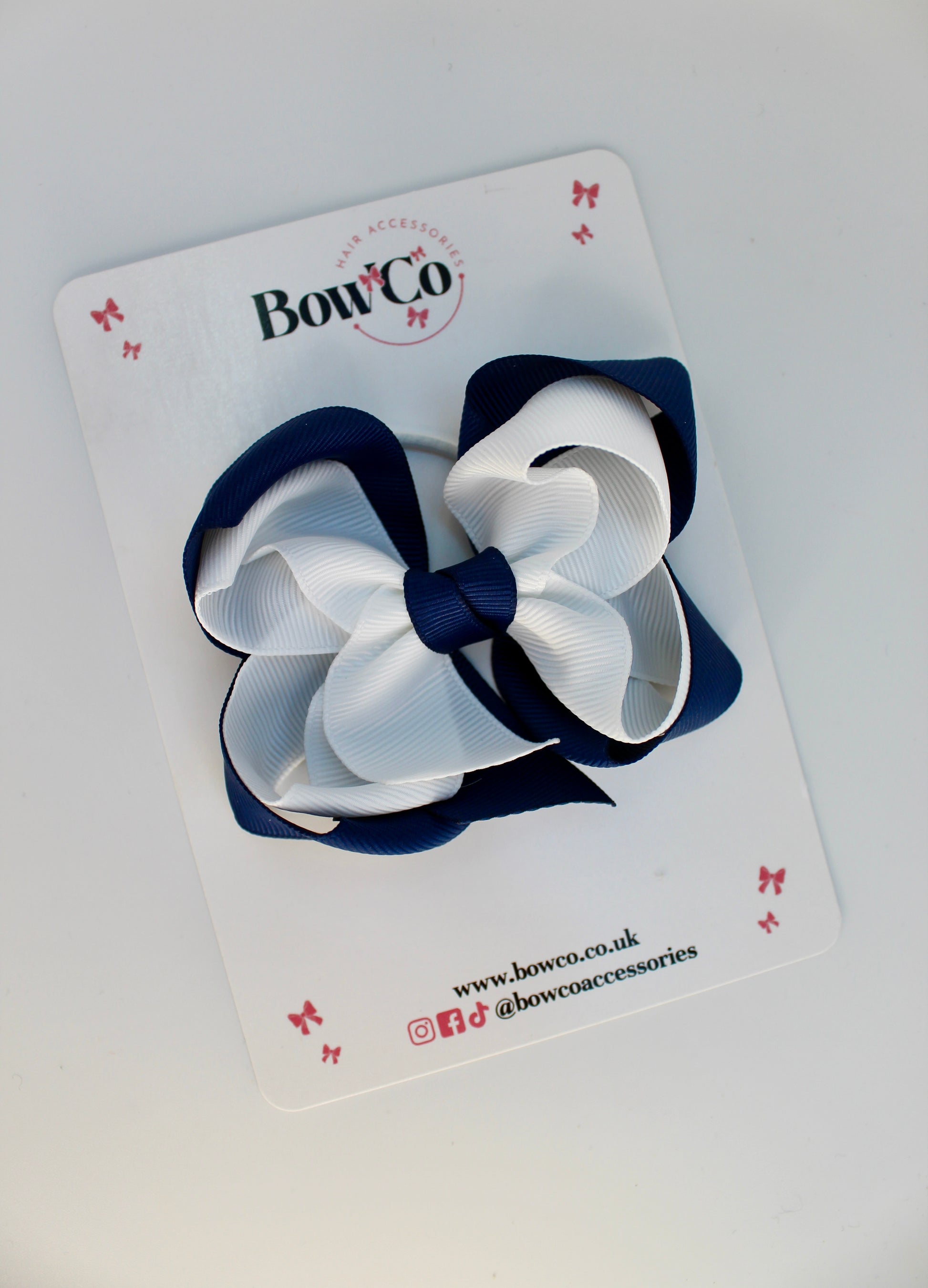 School Navy Blue and White Bow - Double Loop Bow - Elastic