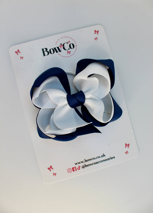 School Navy Blue and White Bow - Double Loop Bow - Elastic