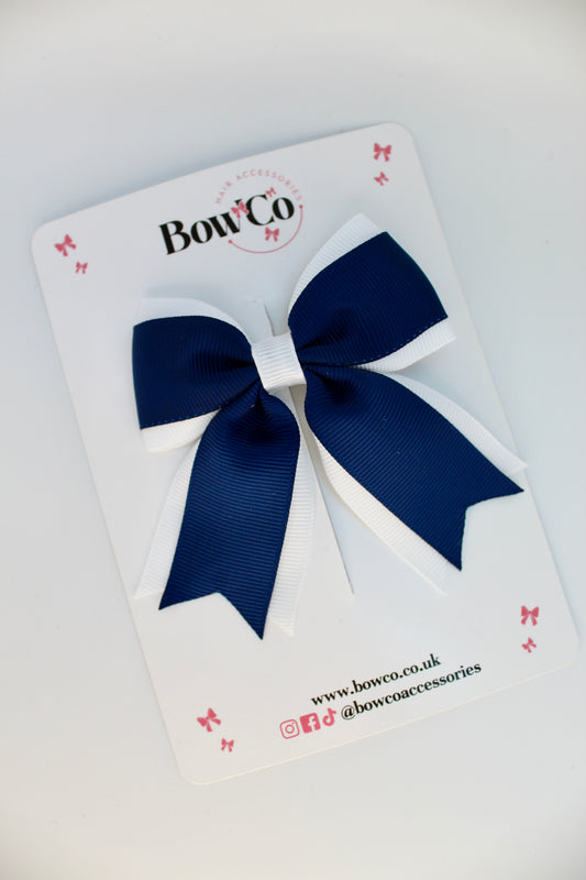 School Bow Navy Blue and White - Tail Bow Clip