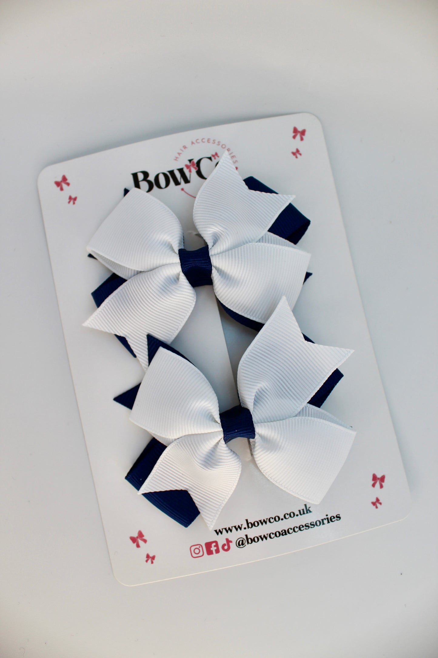 School Bow Navy Blue and White - Layer Tail Bow Set - Clip