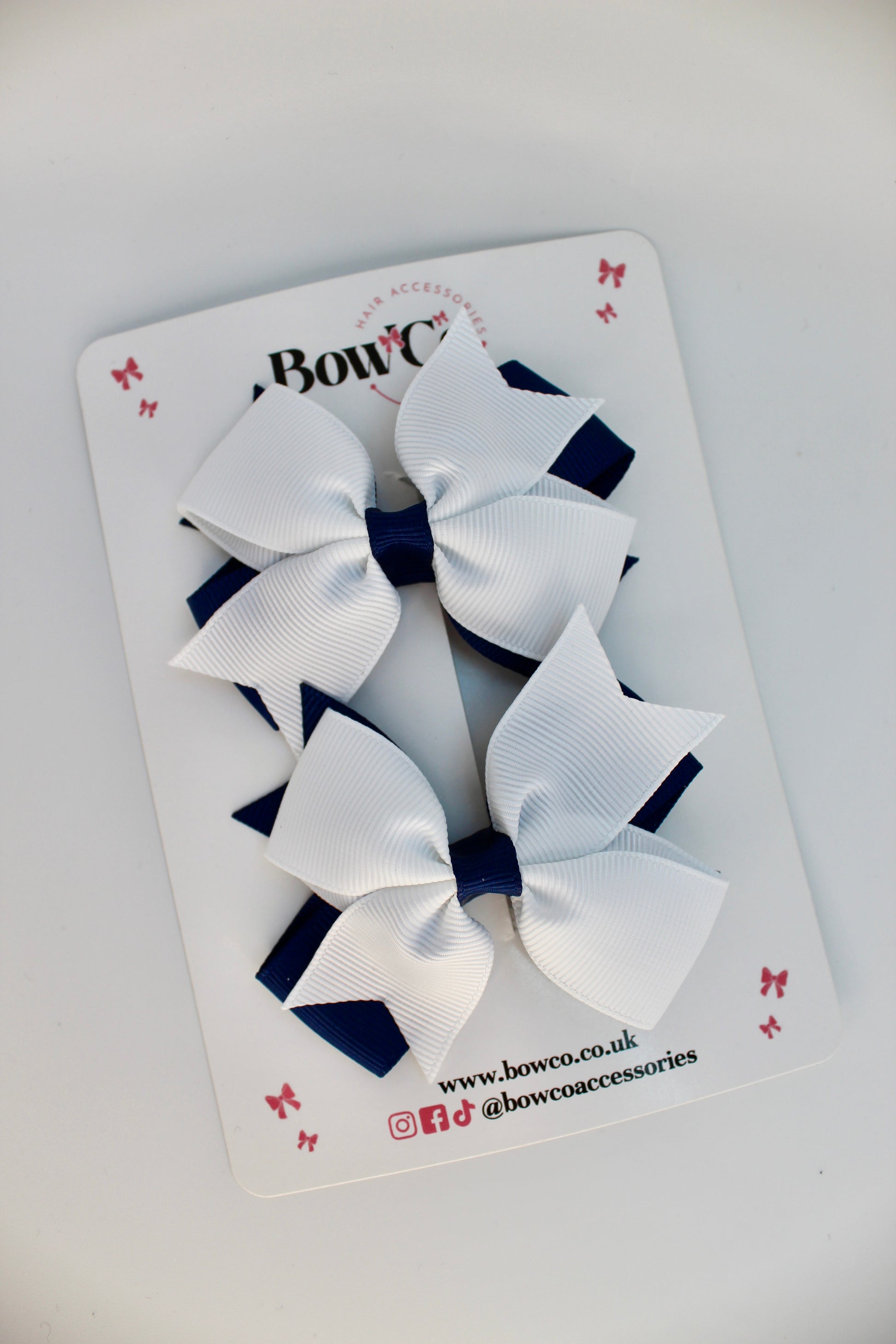 School Bow Navy Blue and White - Layer Tail Bow Set - Clip