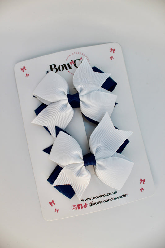 School Bow Navy Blue and White - Layer Tail Bow Set - Clip