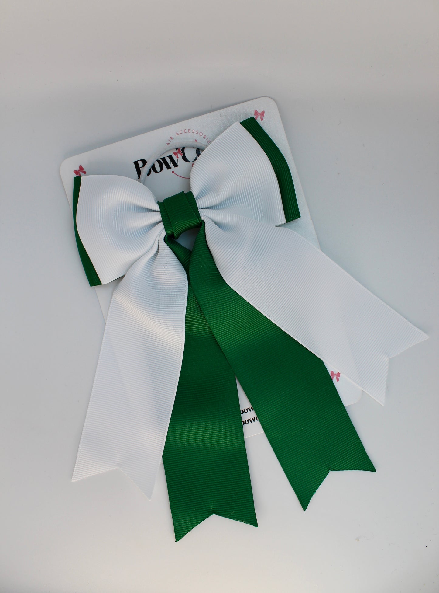 School Bow Green and White - Classic Tail Bow - Elastic