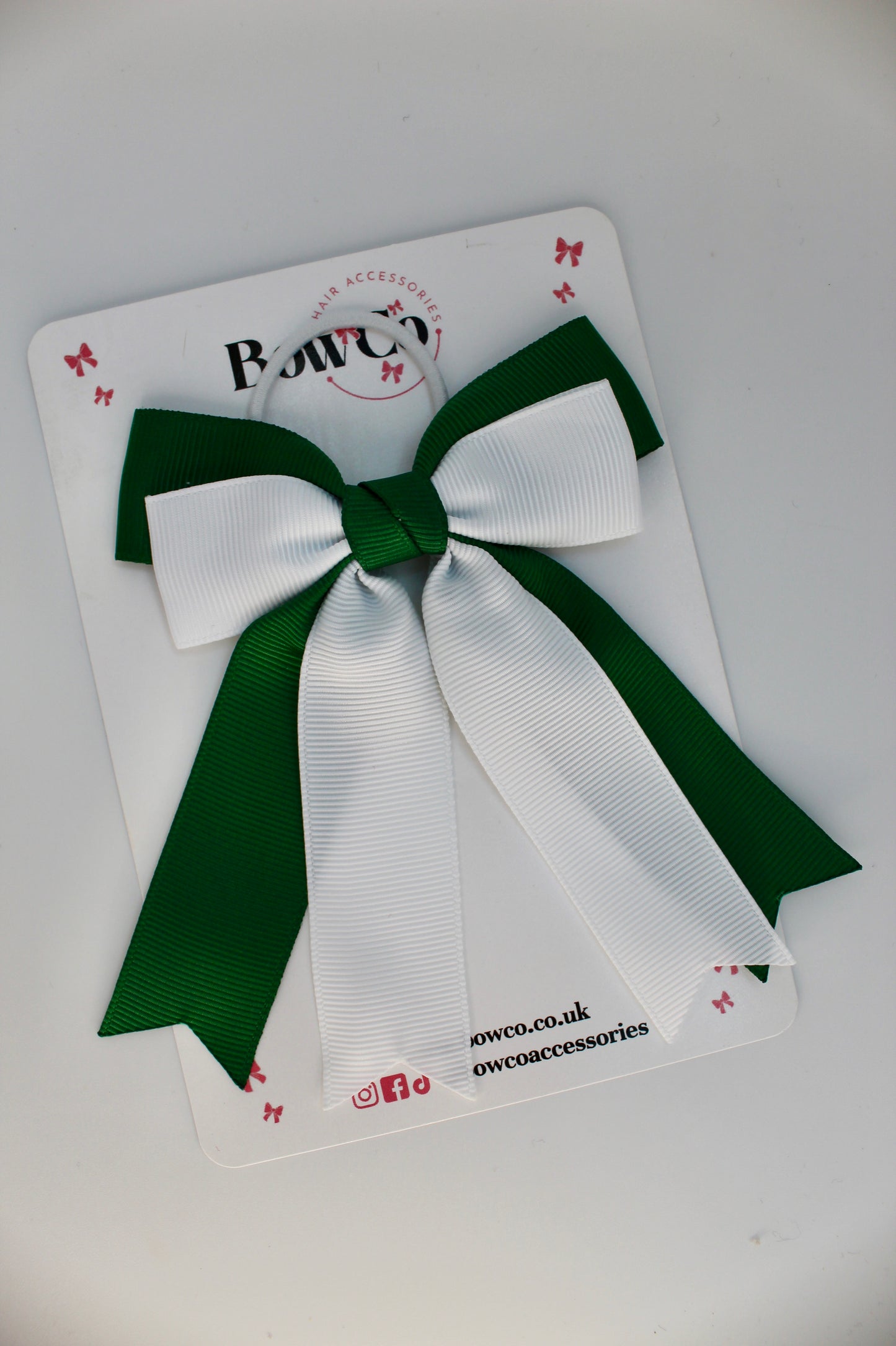 School Bow Green and White - Double Ribbon Tail – Elastic