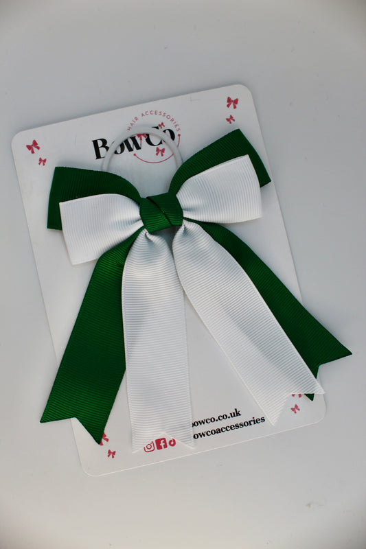 School Bow Green and White - Double Ribbon Tail – Elastic