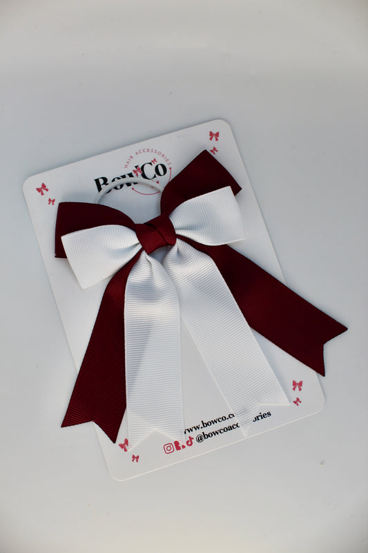 School Burgundy and White Bow - Double Ribbon Tail – Elastic