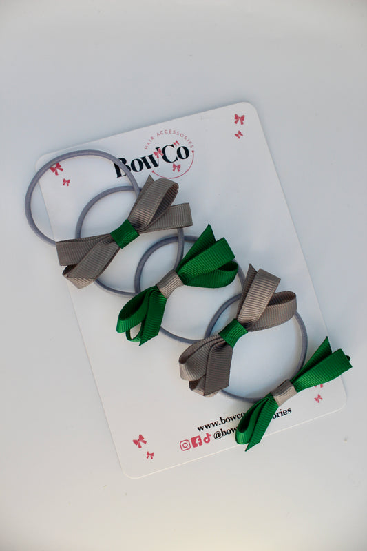 School Green and Grey Bows - Ballerina Bows - Set of 4 - Elastic