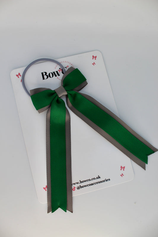 School Green and Grey Bow - Tuxedo Tails Bow - Elastic