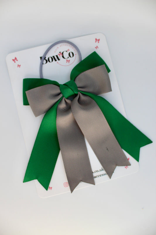 School Bow Green and Grey - Double Ribbon Tail – Elastic