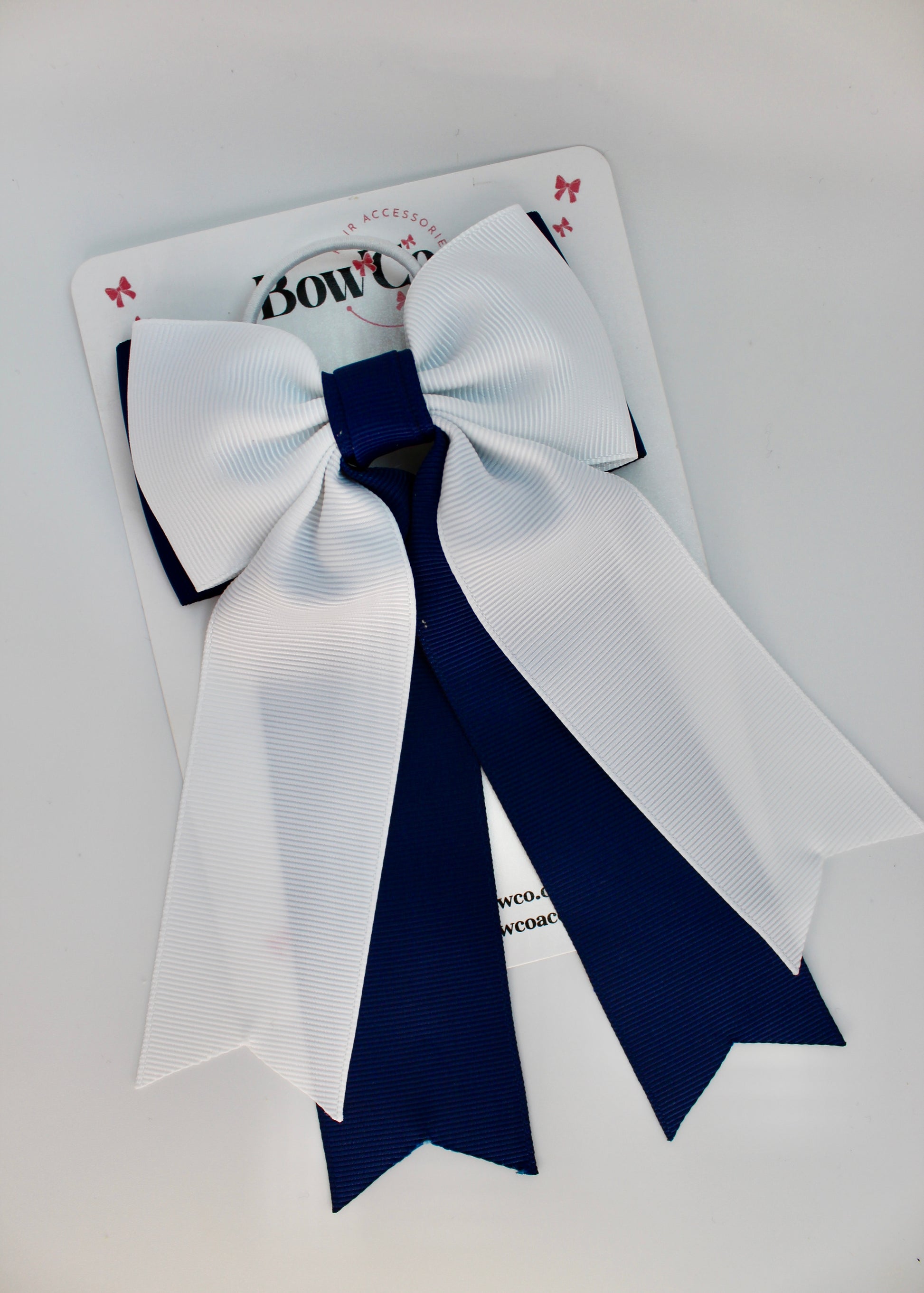 School Navy Blue and White Bow - Classic Tail Bow - Elastic