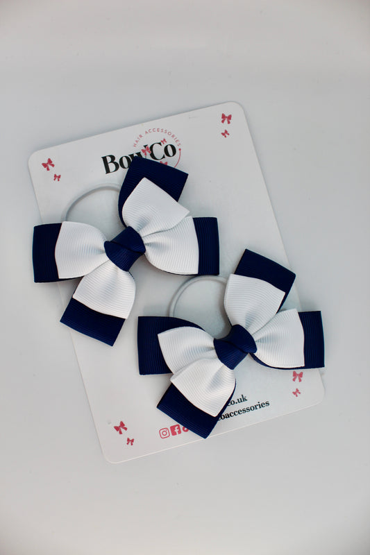 School Bows Navy Blue and White - Layer Bow Set - Elastic