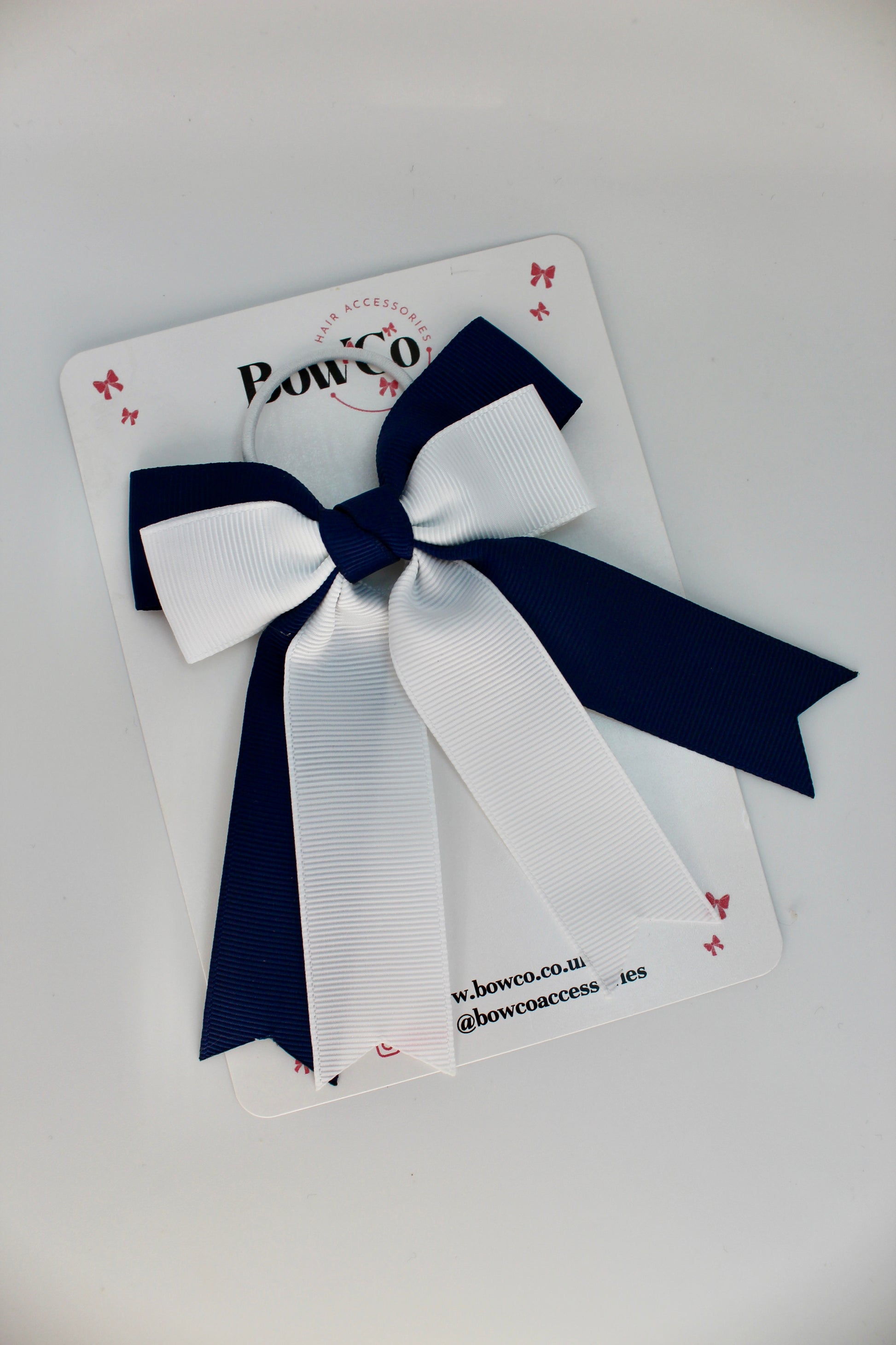 School Navy Blue and White Bow - Double Ribbon Tail – Elastic