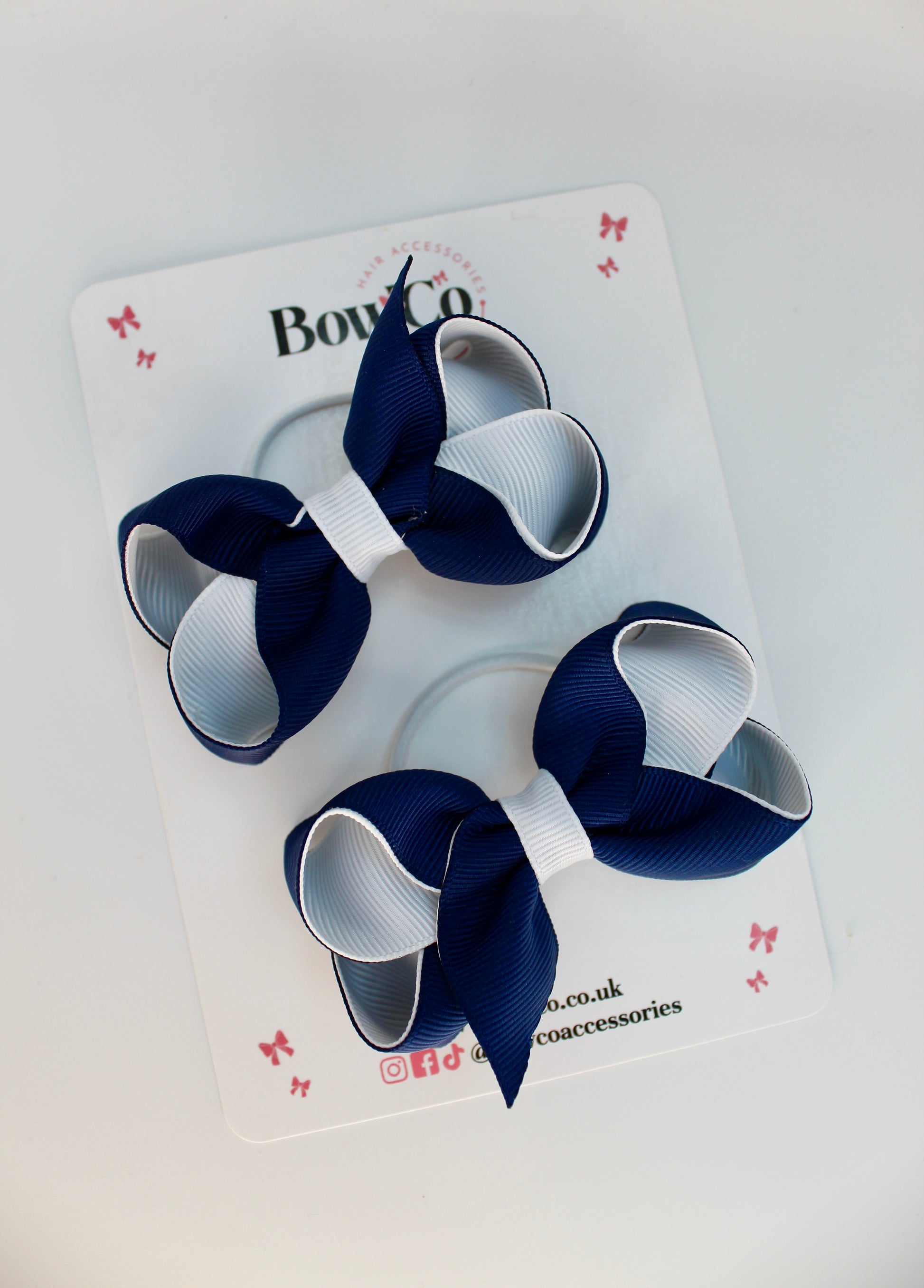 School Navy Blue and White Bows - Loop Bow Set - Elastic