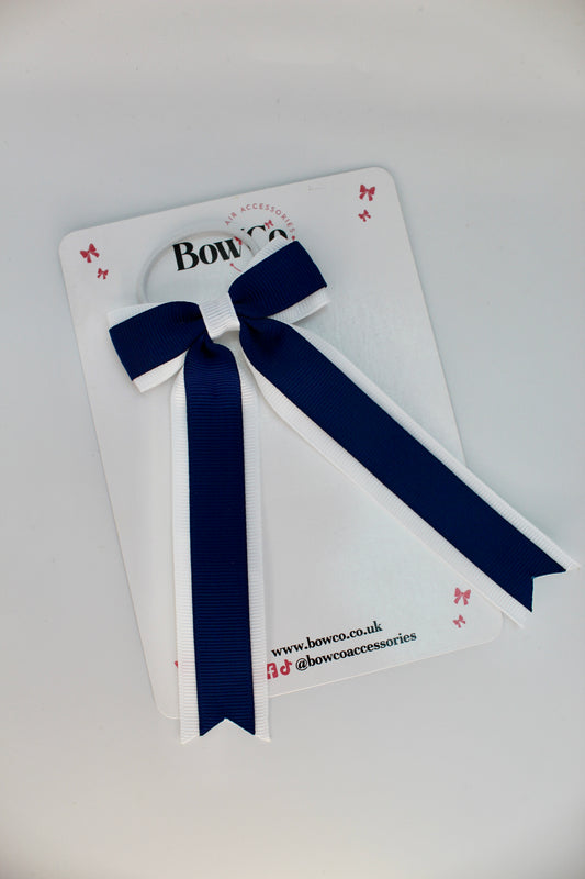 School Navy Blue and White Bow - Tuxedo Tails Bow - Elastic