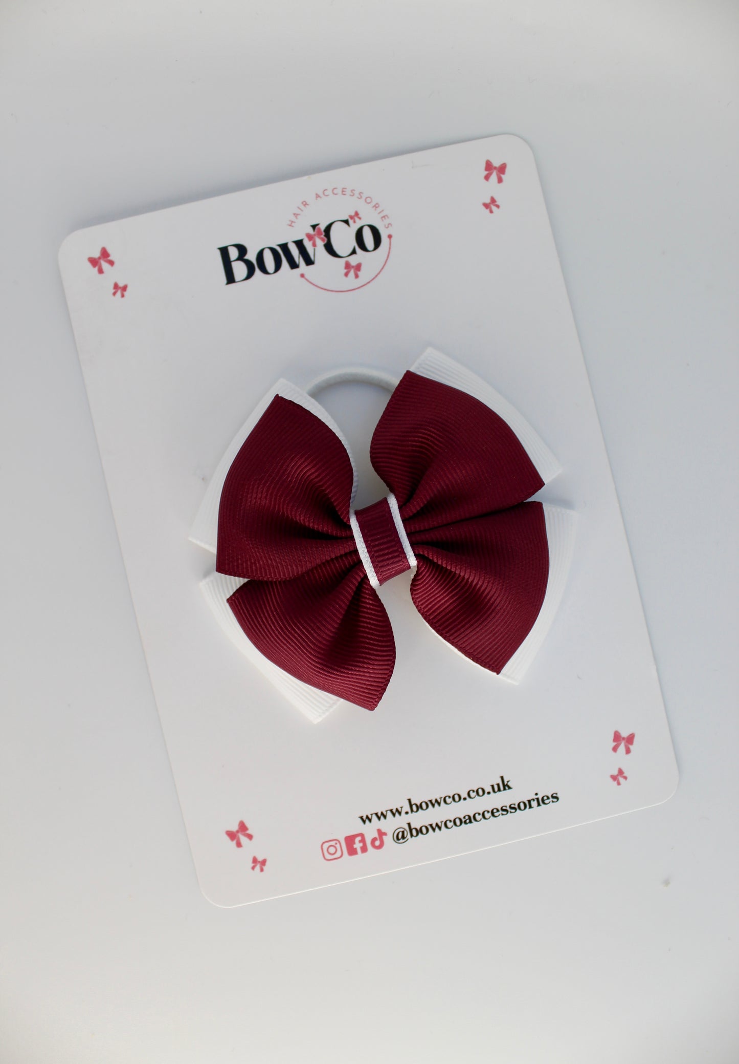 School Bow Burgundy and White - Layer Edge Bow - Elastic