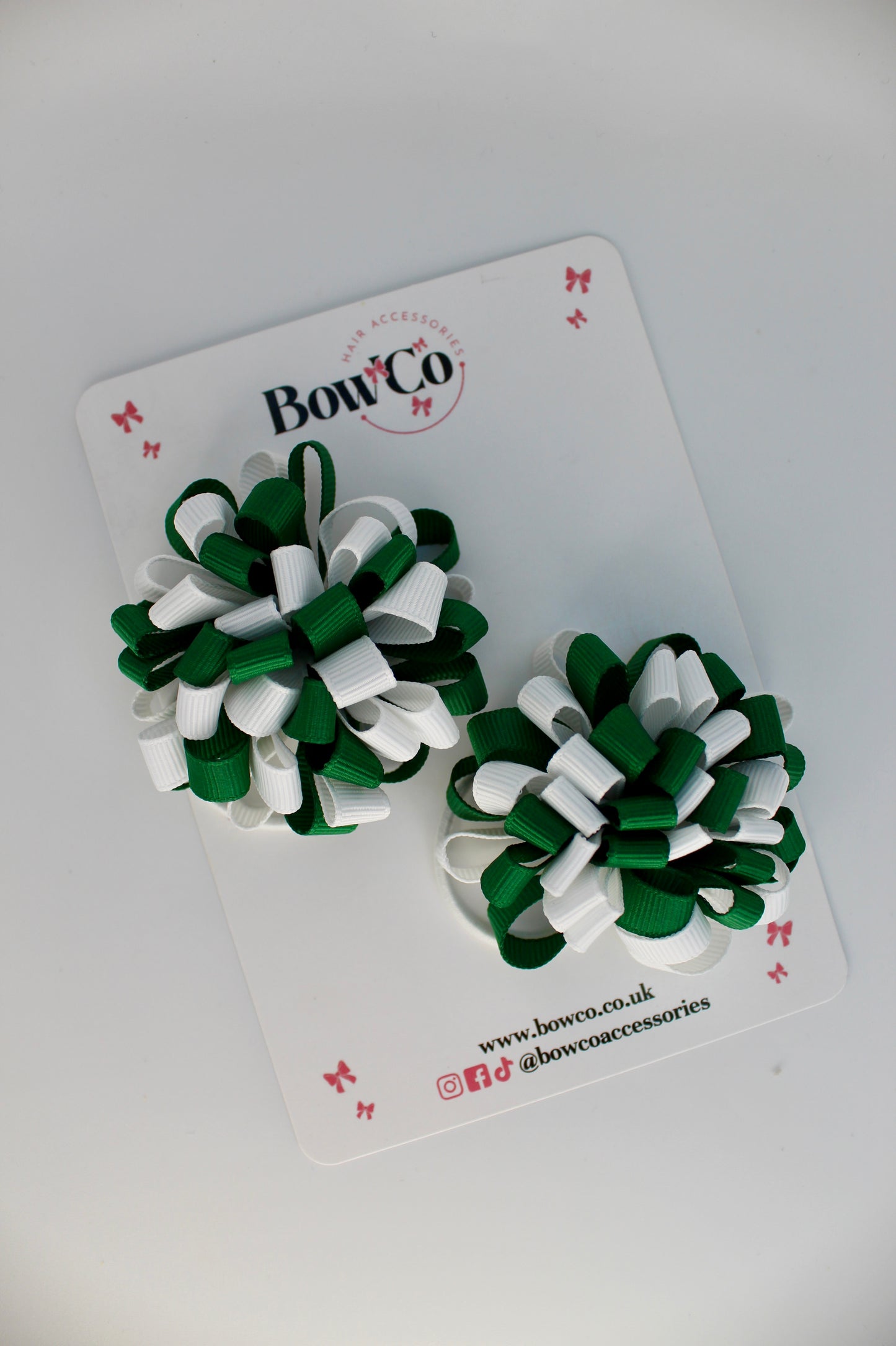 Schools Bows Forest Green and White - Pom Pom Bow Set