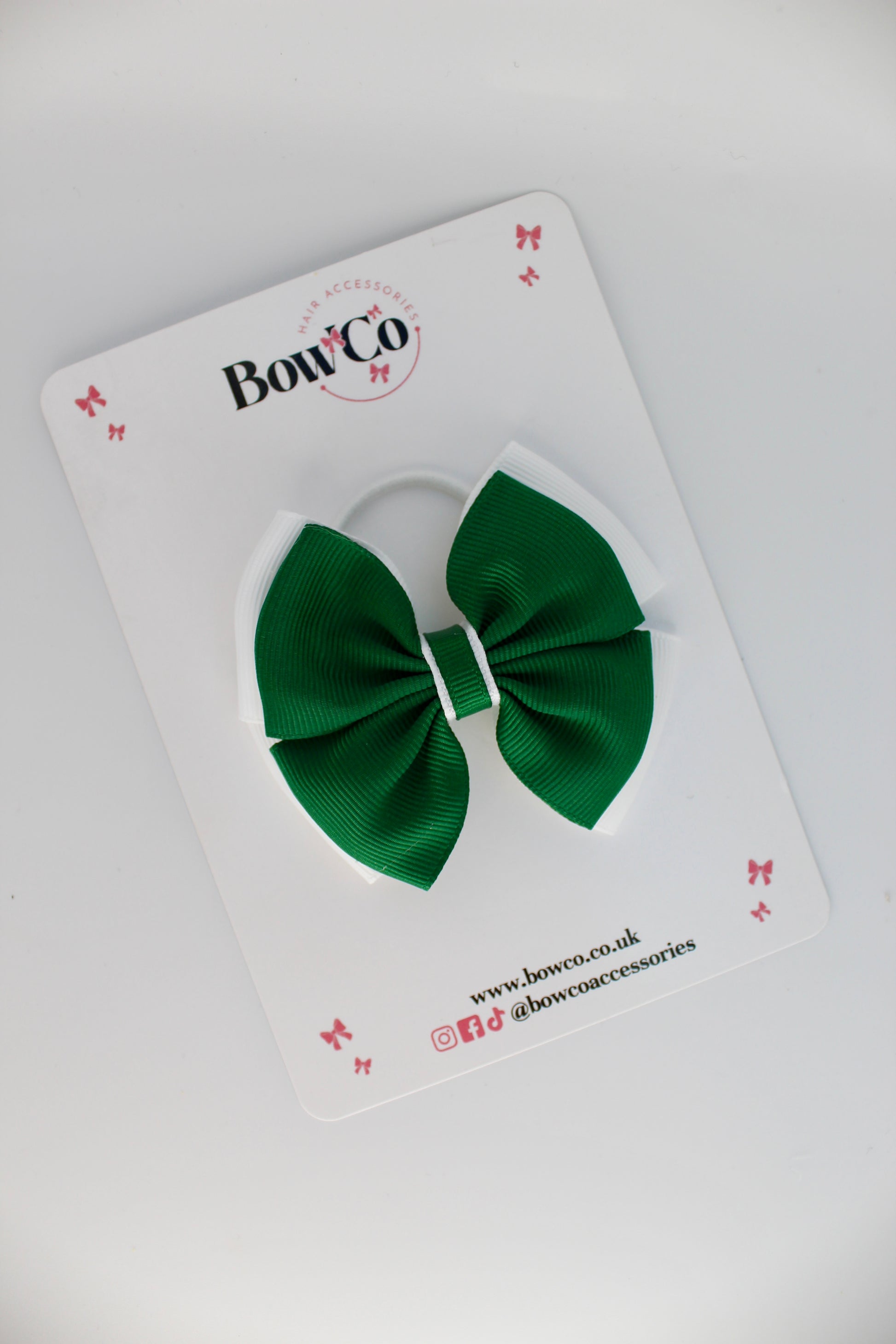 School Bow Forest Green and White - Layer Edge Bow - Elastic