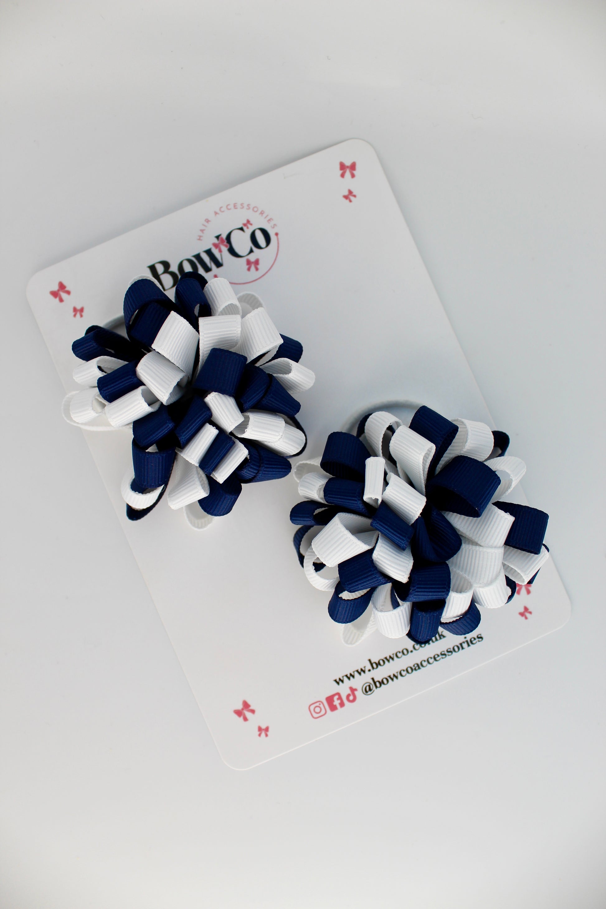 Schools Bows Navy Blue and White - Pom Pom Bow Set