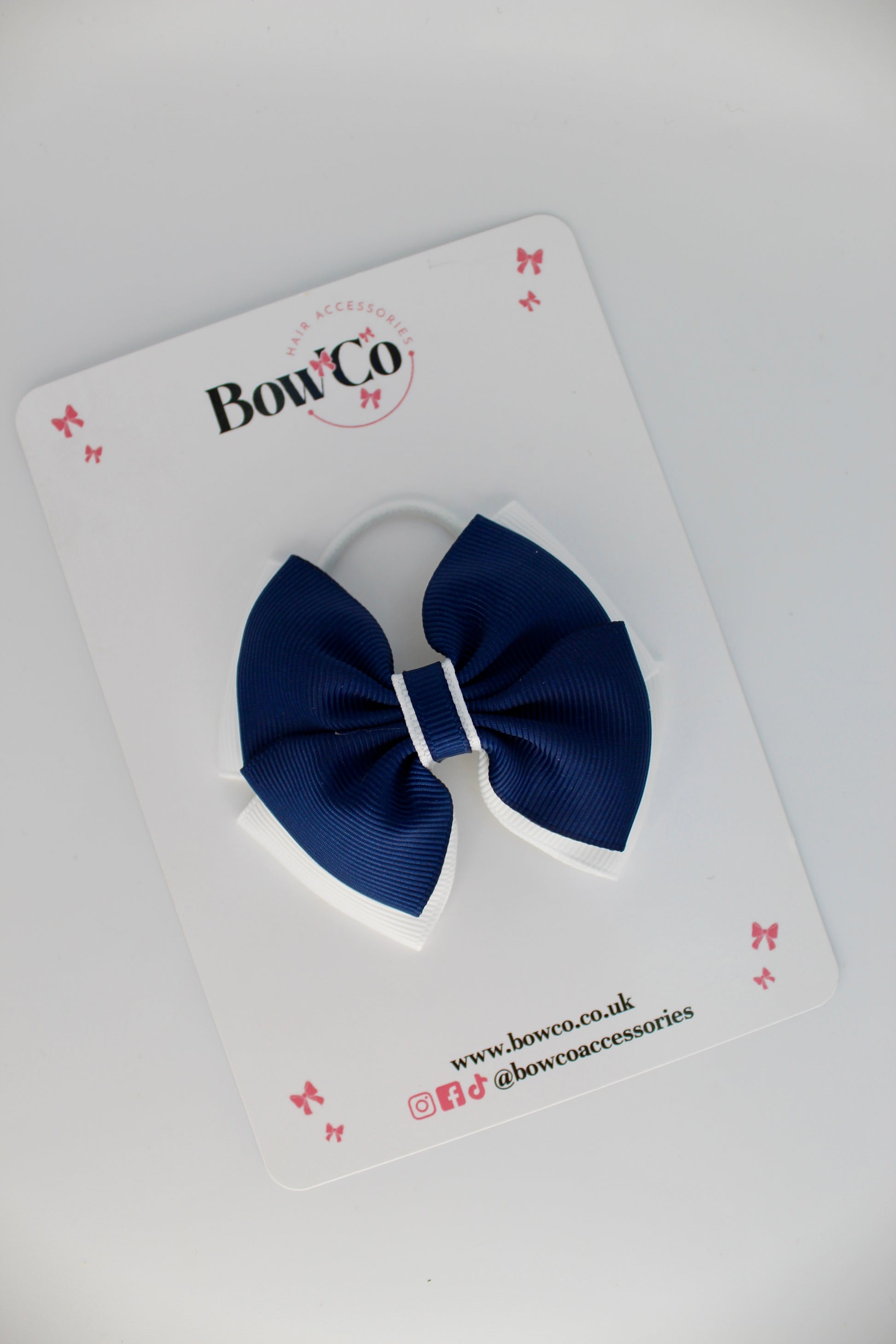 School Bow Navy Blue and White - Layer Edge Bow - Elastic