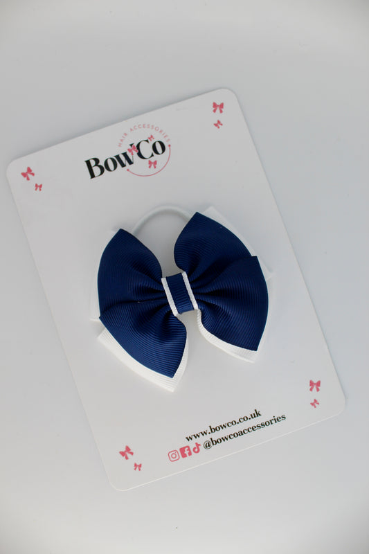 School Bow Navy Blue and White - Layer Edge Bow - Elastic