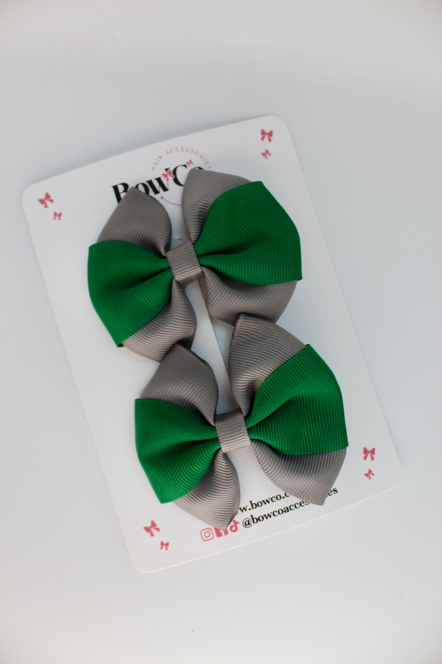 School Bows Forest Green and Grey - Round Tuxedo Bow Set - Clip