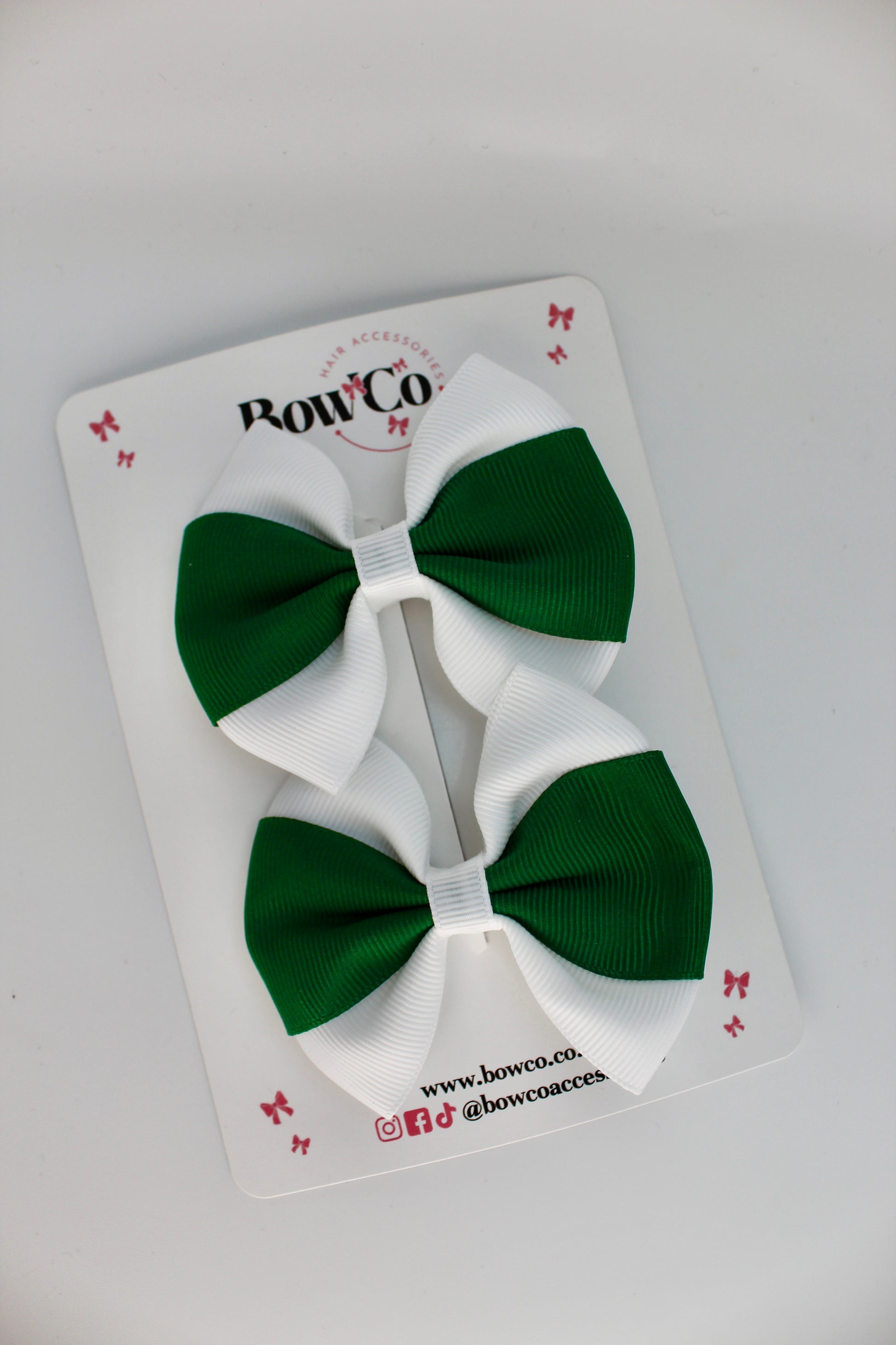 School Bows Forest Green and White - Round Tuxedo Bow Set - Clip