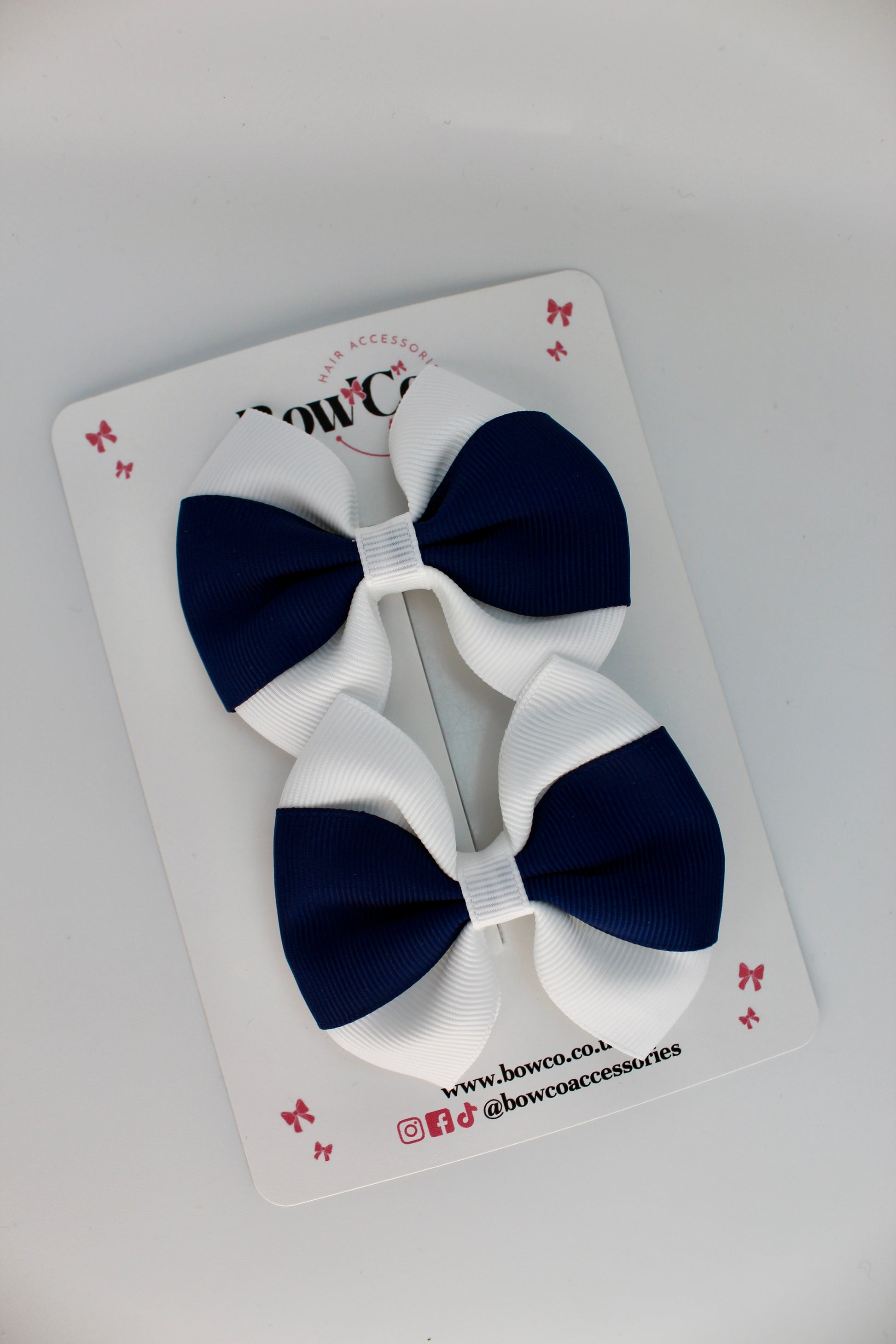 School Bows Navy and White Blue - Round Tuxedo Bow Set - Clip