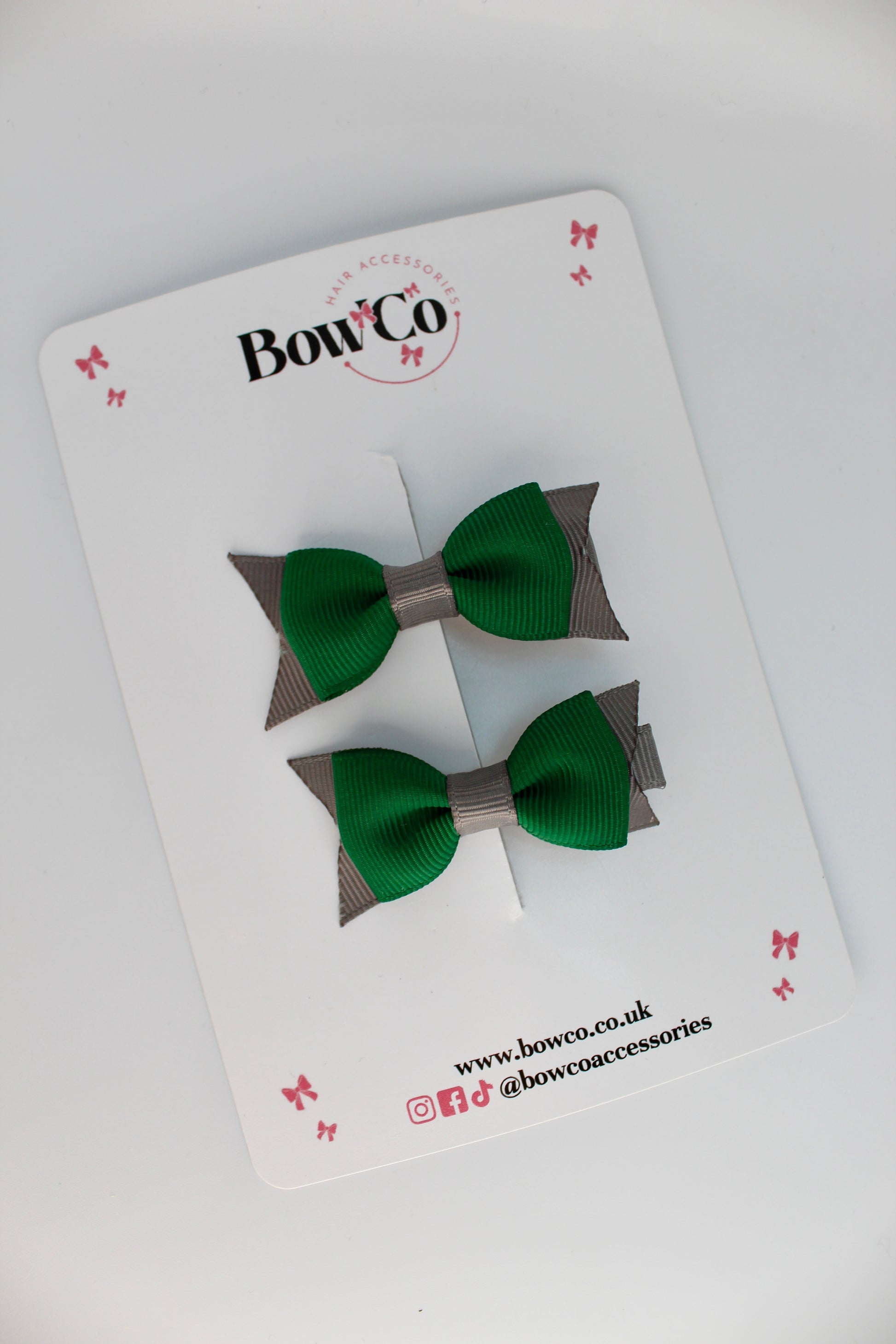 School Bows Green and Grey - Layer Tail Bow Set - Clip