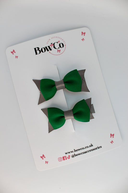 School Bows Green and Grey - Layer Tail Bow Set - Clip