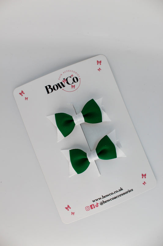 School Bows Green and White - Layer Tail Bow Set - Clip
