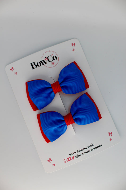 School Bows Royal Blue and Red - Double Lapel Bow Set - Clip