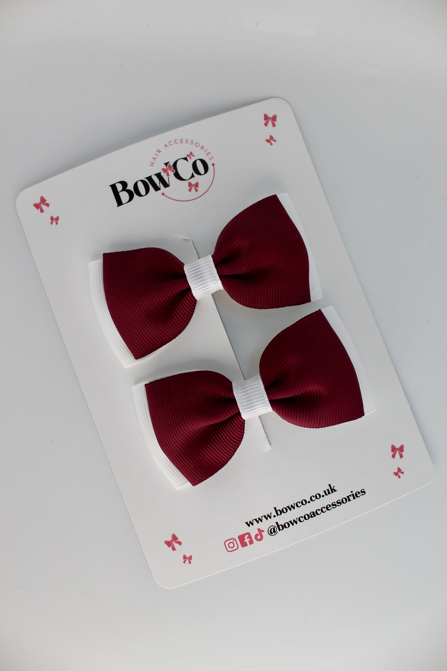 School Bows Burgundy and White - Double Lapel Bow Set - Clip