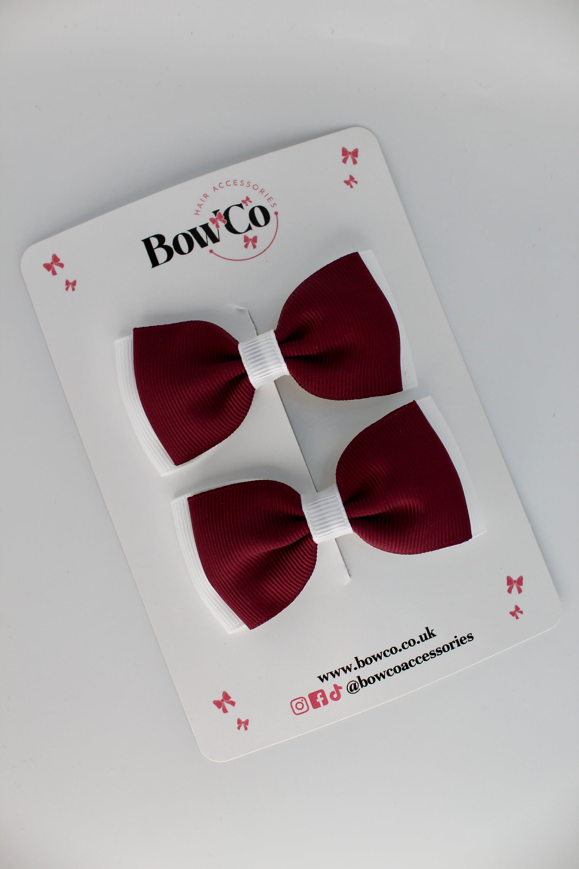 School Bows Burgundy and White - Double Lapel Bow Set - Clip