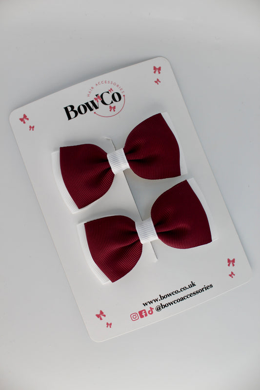 School Bows Burgundy and White - Double Lapel Bow Set - Clip