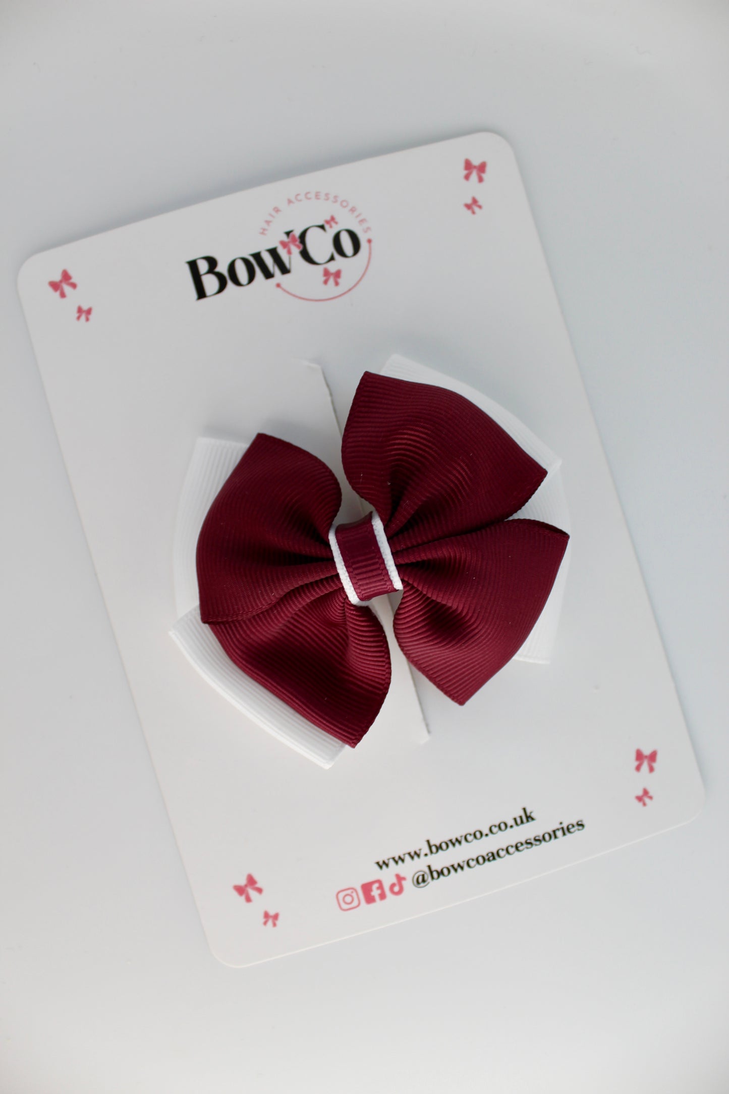 School Bow Burgundy and White - Layer Edge Bow - Clip