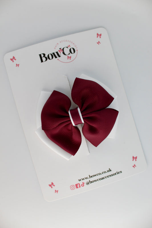 School Bow Burgundy and White - Layer Edge Bow - Clip