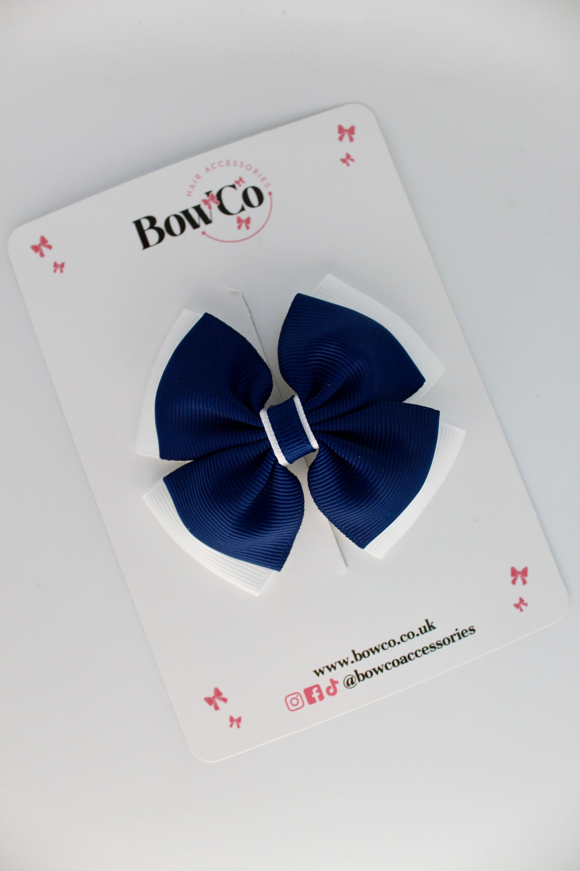 School Bow Navy Blue and White - Layer Edge Bow - Clip