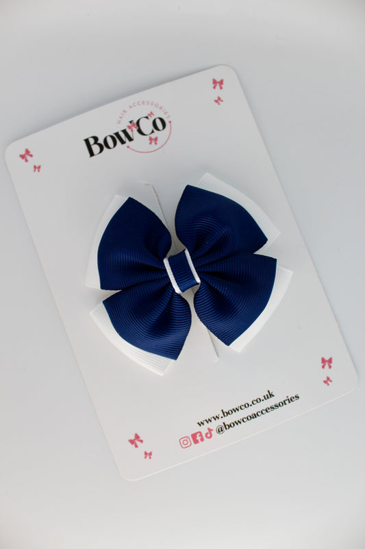 School Bow Navy Blue and White - Layer Edge Bow - Clip