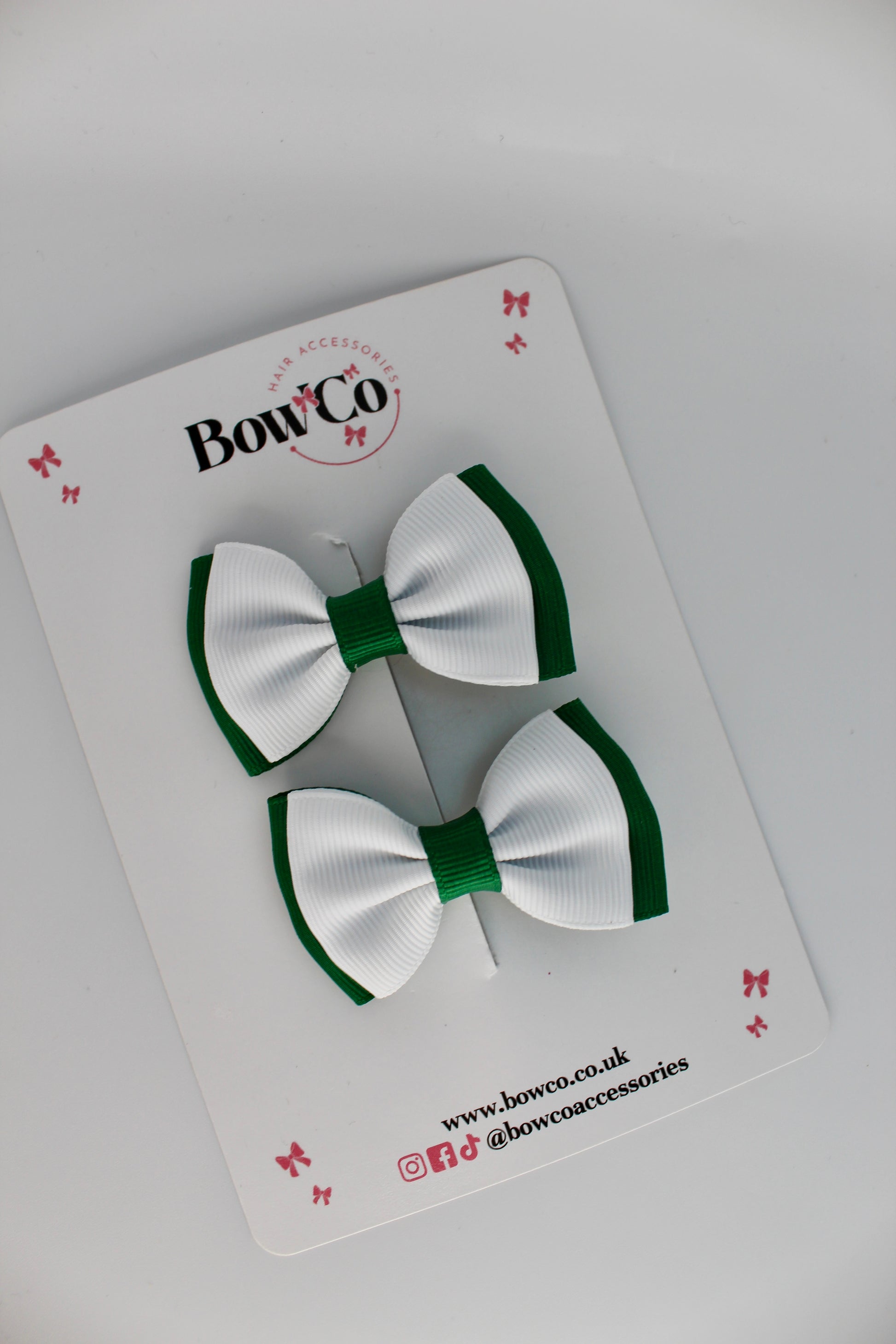 School Bows Green and White - Double Bow Set - Clip