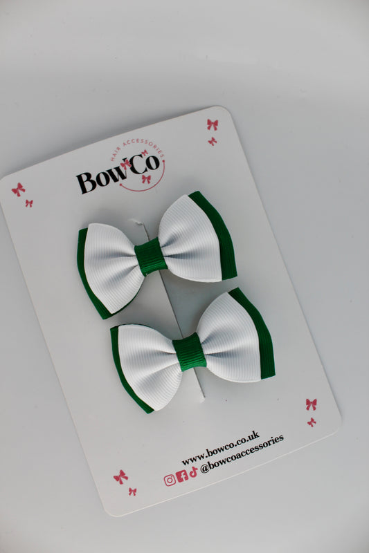 School Bows Green and White - Double Bow Set - Clip