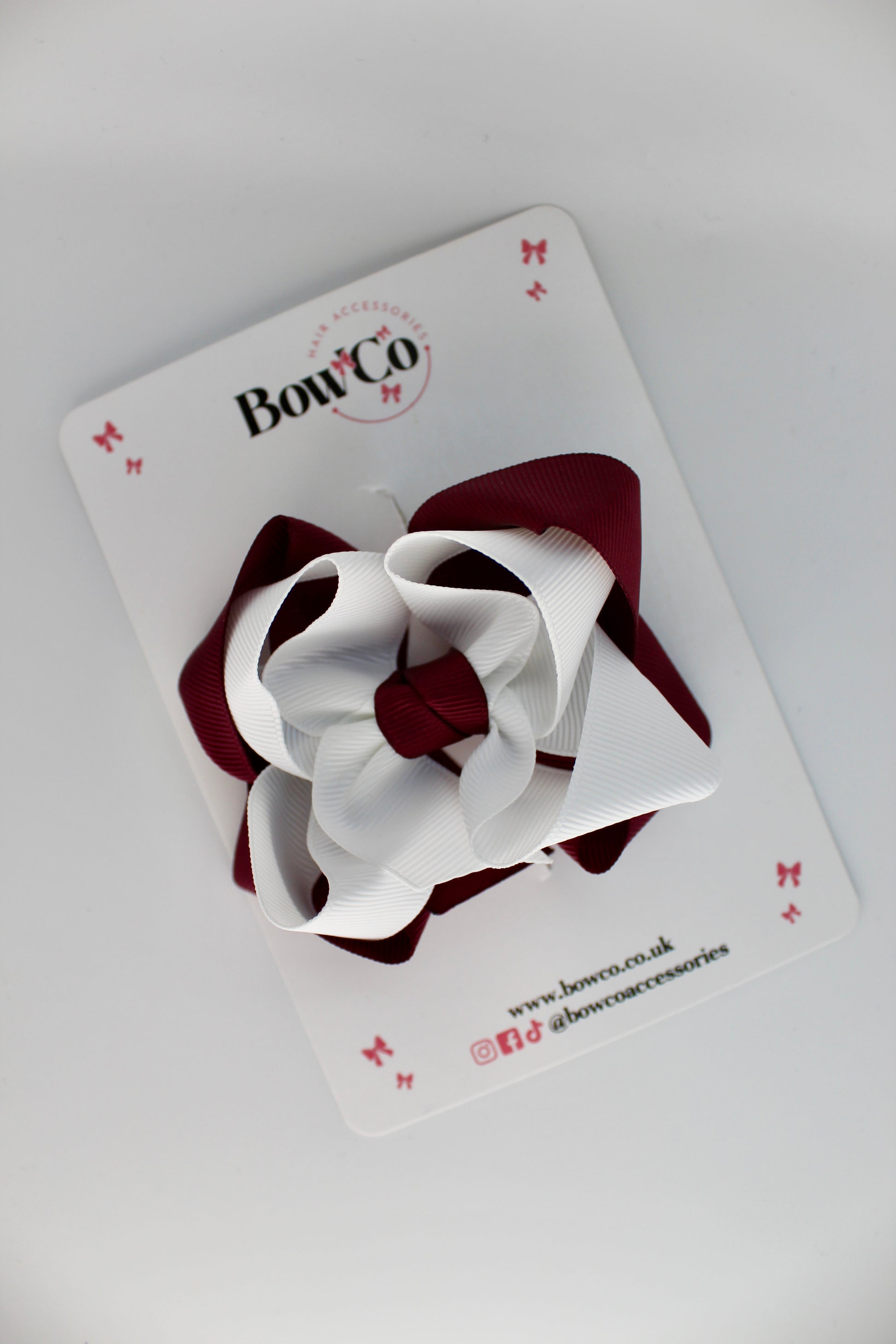 School Burgundy and White Double Loop Bow - Clip