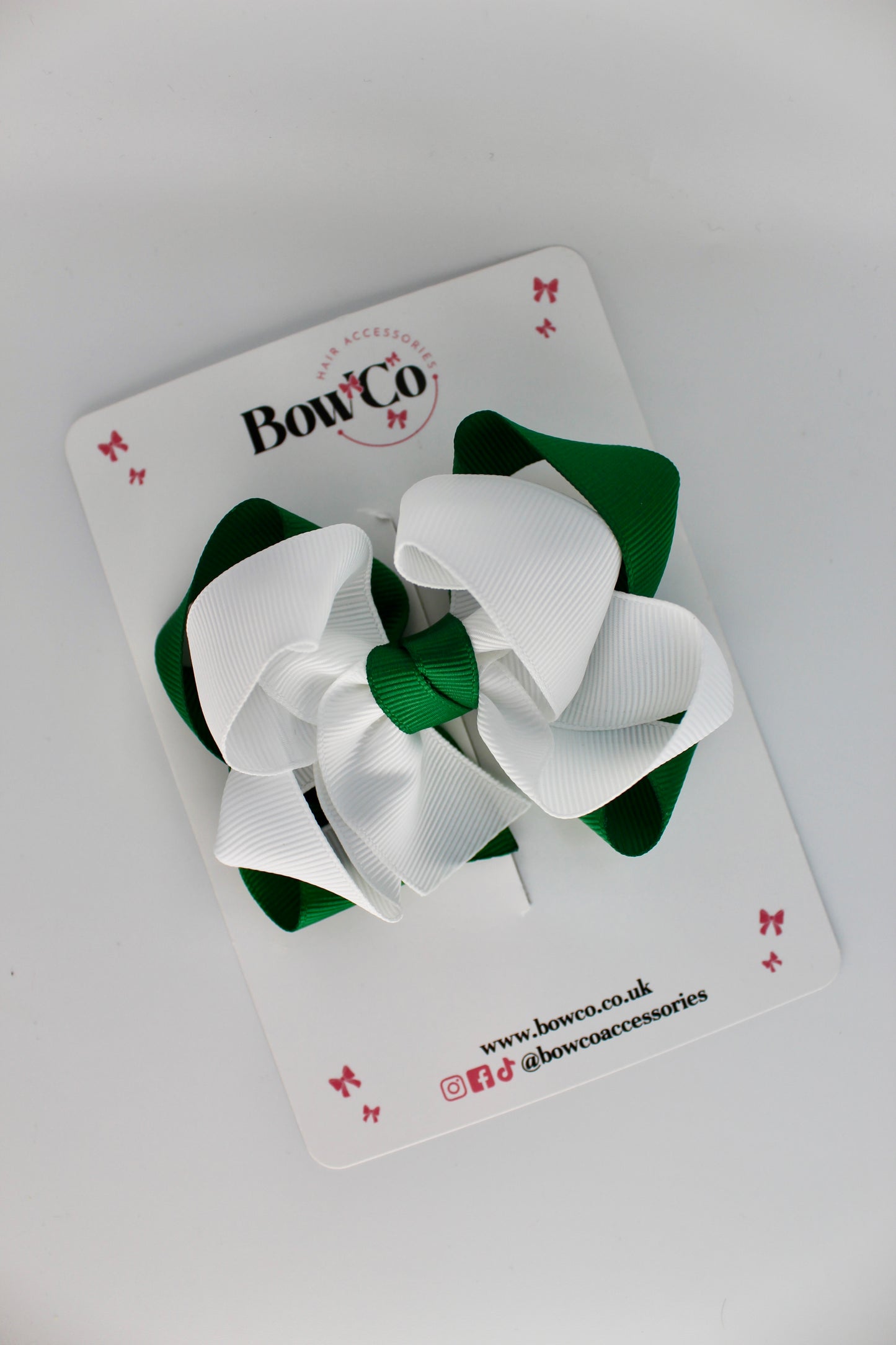 School Green and White Double Loop Bow - Clip