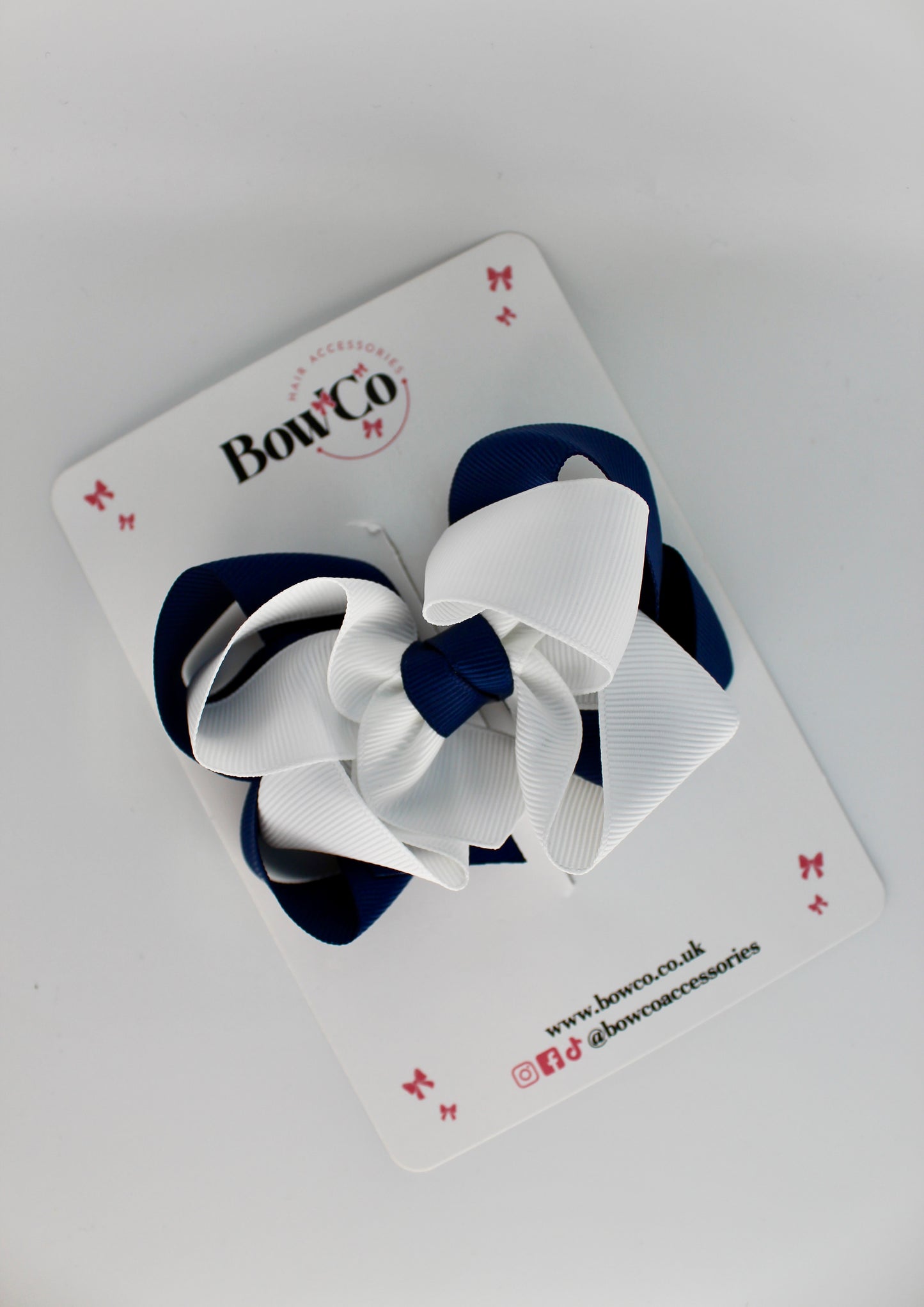 School Navy Blue and White Double Loop Bow - Clip