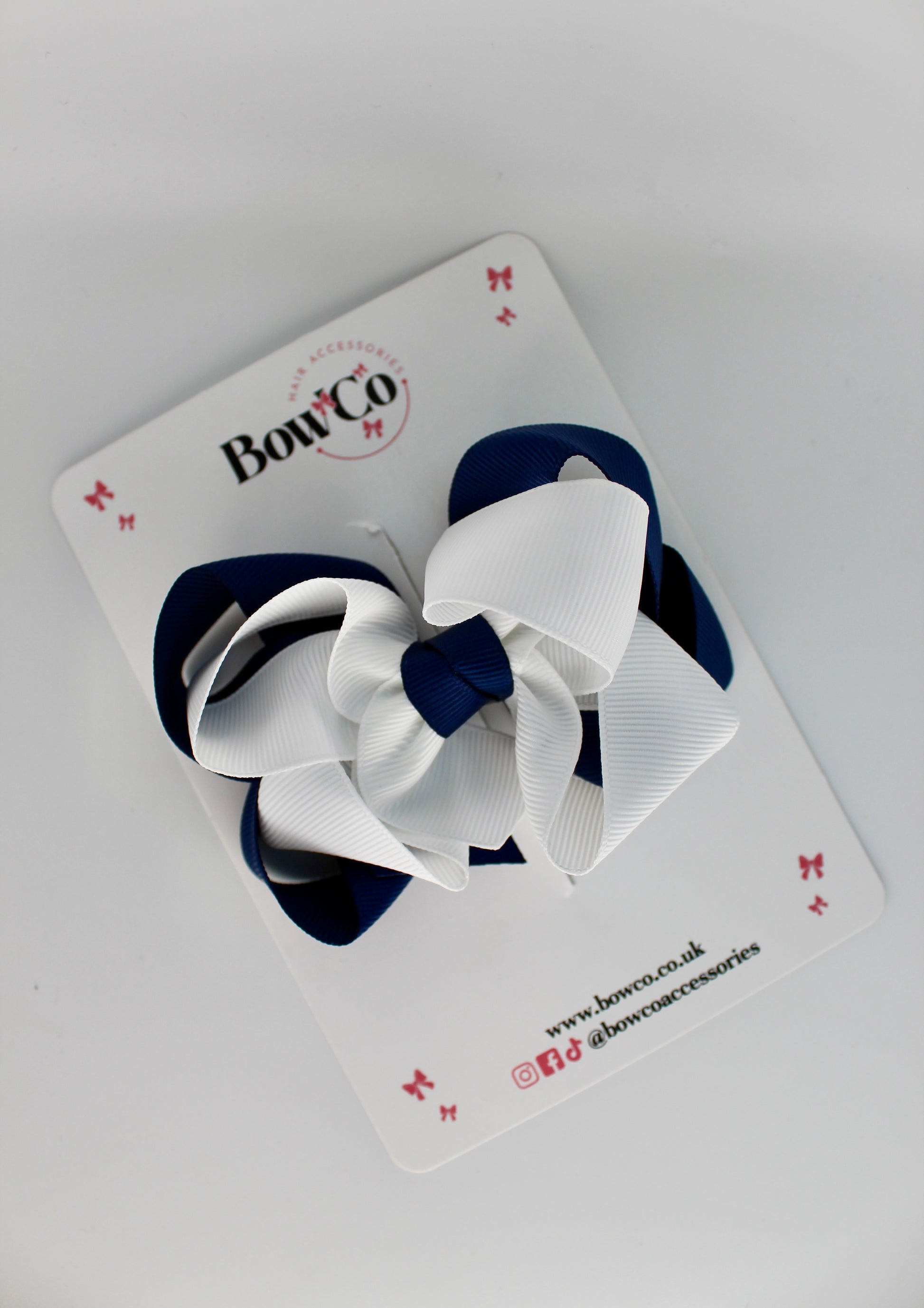 School Navy Blue and White Double Loop Bow - Clip